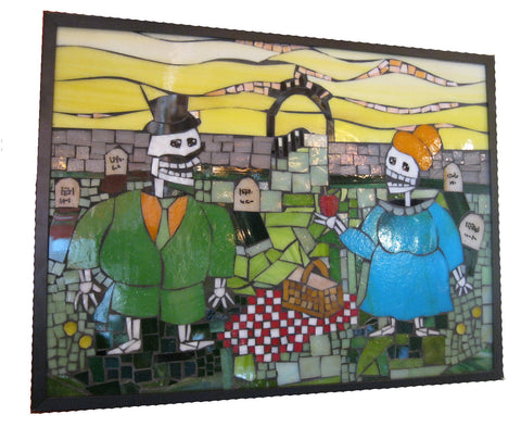 Meet Me By the Cemetery Gates Glass Mosaic Skeleton Picnic