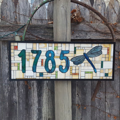 A House Number Plaque Stained Glass Mosaic with Dragonfly