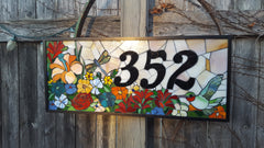 House Number Plaque Stained Glass Mosaic with Flowers