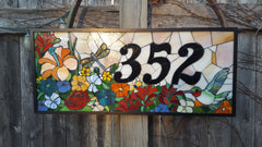 House Number Plaque Stained Glass Mosaic with Flowers