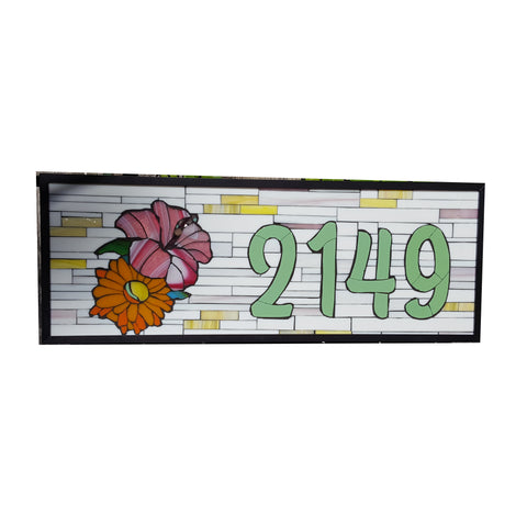 A Custom House Number Plaque Stained Glass Mosaic with Flowers