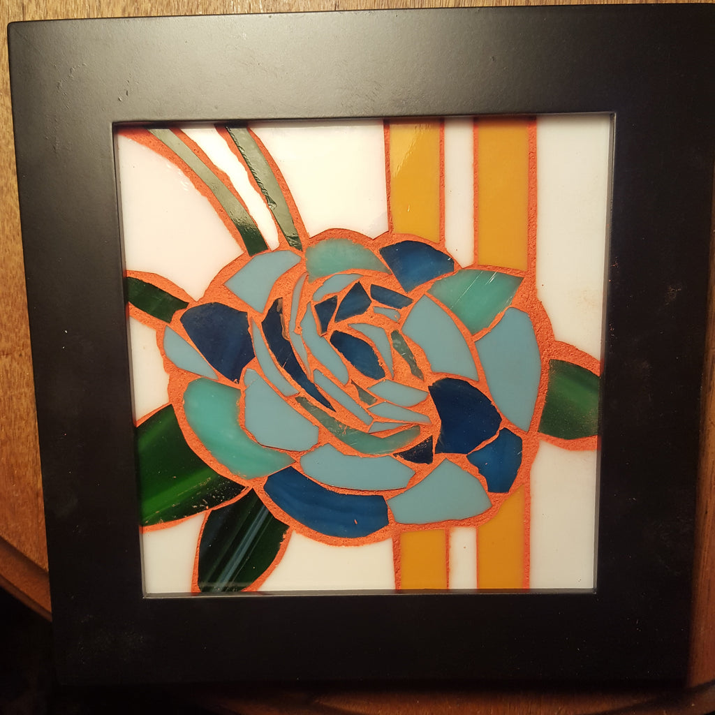 Blue Rose with Orange Grout Stained Glass Mosaic