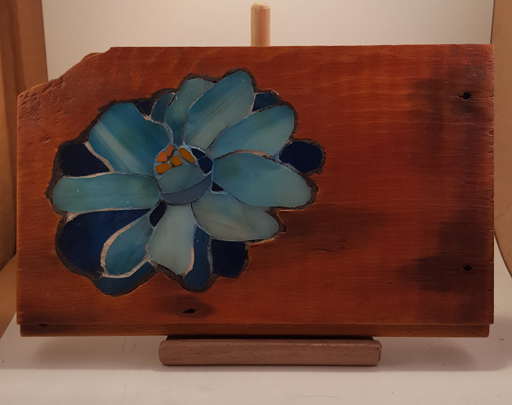 Blue Flower on Wood Slab Stained Glass Mosaic Active